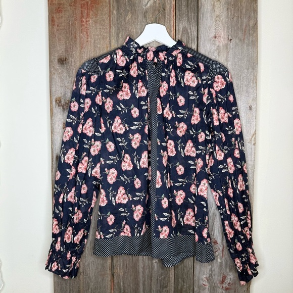 Rebecca Taylor La Vie Adelle Scarf Print Top Navy Floral Sheer Cotton XS - Picture 2 of 12